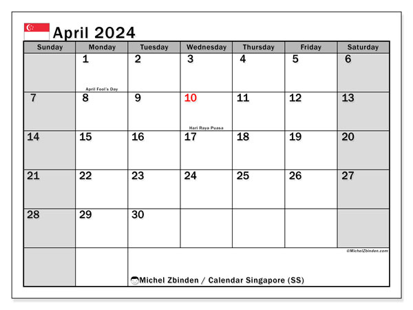 Calendário Abril 2024, Singapura (EN). Calendário gratuito para imprimir.