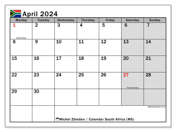 Calendario abril 2024 “Sudáfrica”. Programa para imprimir gratis.. De lunes a domingo