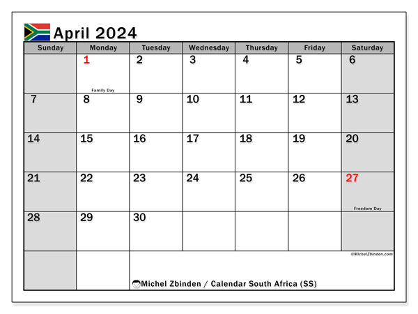 Kalenteri huhtikuu 2024, Etelä-Afrikka (EN). Ilmainen tulostettava aikataulu.