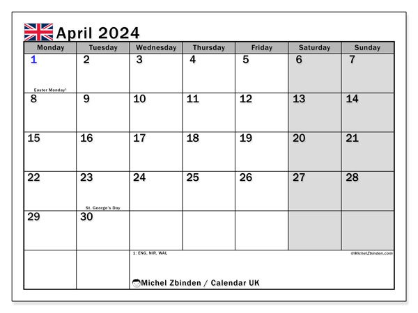 Printable calendar, April 2024, United Kingdom