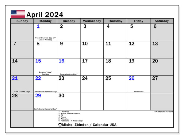 Kalender april 2024, USA (EN). Gratis kalender som kan skrivas ut.