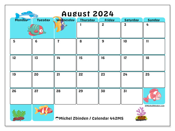 Calendar August 2024 “442”. Free printable schedule.. Monday to Sunday