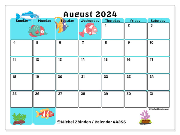 Calendar August 2024 “442”. Free printable schedule.. Sunday to Saturday