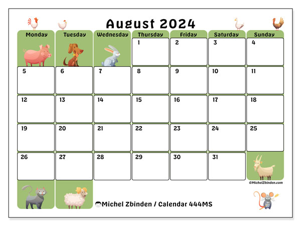 Calendar August 2024 “444”. Free printable program.. Monday to Sunday