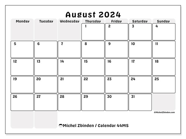 Calendar August 2024, 44SS. Free printable program.