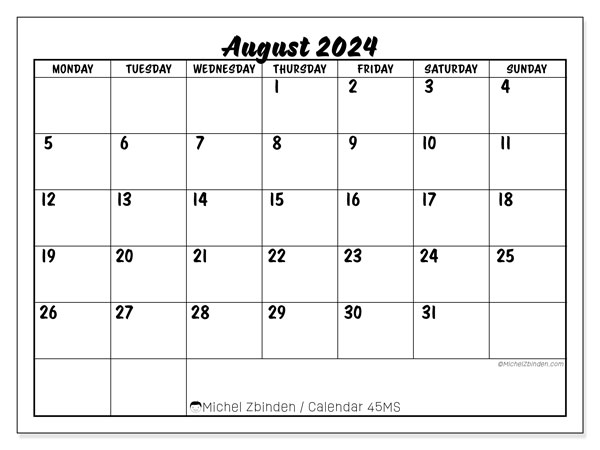 Calendar August 2024, 45SS. Free printable calendar.