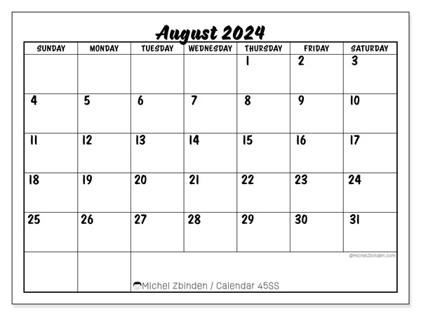 Calendar August 2024 “45”. Free printable calendar.. Sunday to Saturday