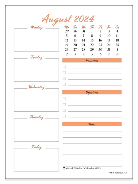 Calendar August 2024 “47”. Free printable plan.. Monday to Sunday