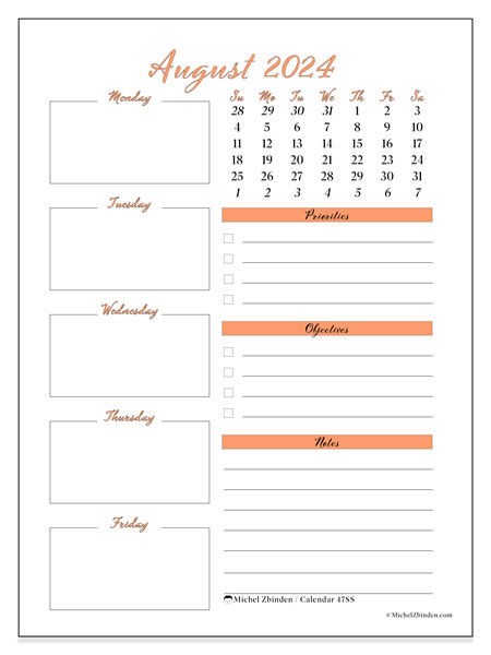 Calendar August 2024 “47”. Free printable plan.. Sunday to Saturday