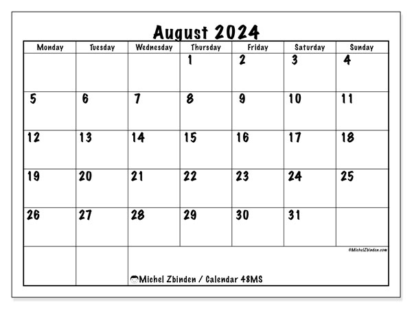 Calendar August 2024, 48SS. Free printable calendar.