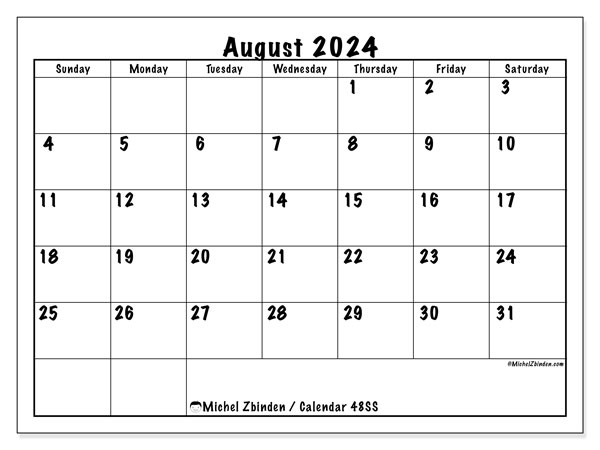 Calendar August 2024 “48”. Free printable plan.. Sunday to Saturday