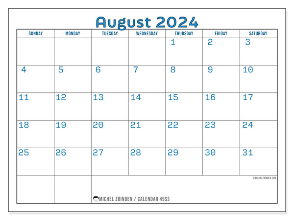 Calendar August 2024, 49SS. Free printable program.