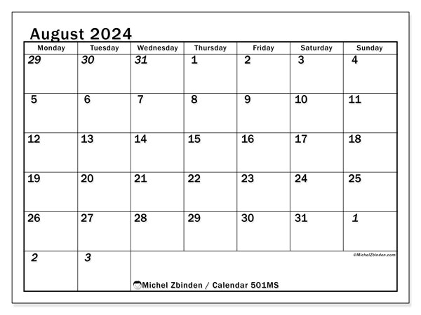 Calendar August 2024 “501”. Free printable plan.. Monday to Sunday
