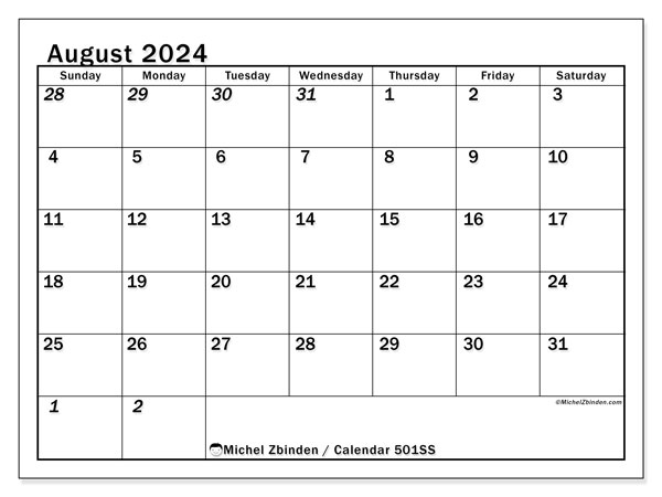 Calendar August 2024 “501”. Free printable plan.. Sunday to Saturday