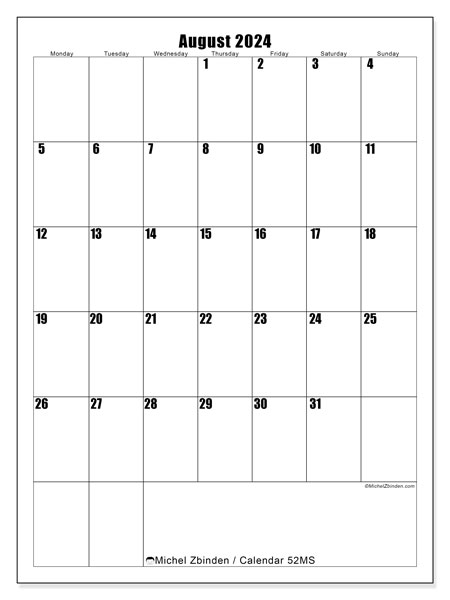 Calendar August 2024, 52SS. Free printable calendar.