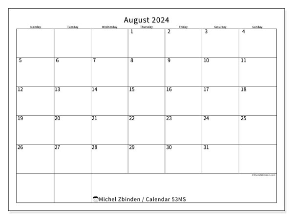 Calendar August 2024, 53SS. Free printable program.