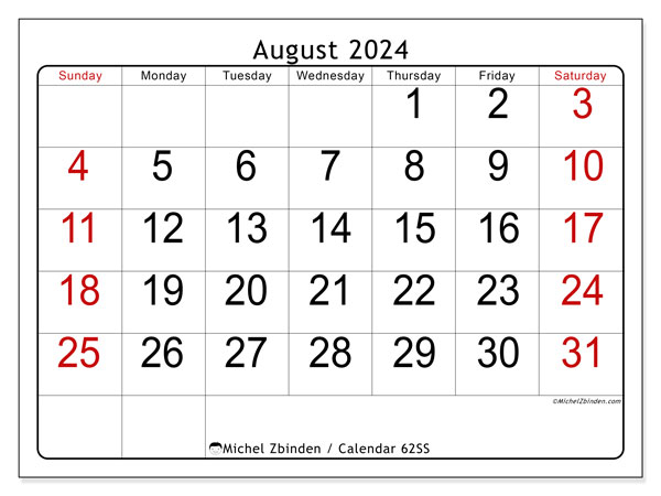 Printable calendar, August 2024, 62SS