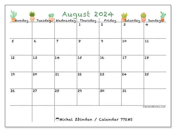 Calendar August 2024, 772MS. Free printable program.