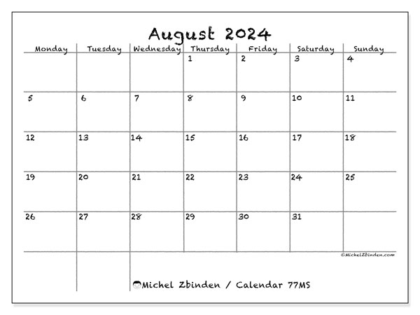 Calendar August 2024, 77MS. Free printable calendar.