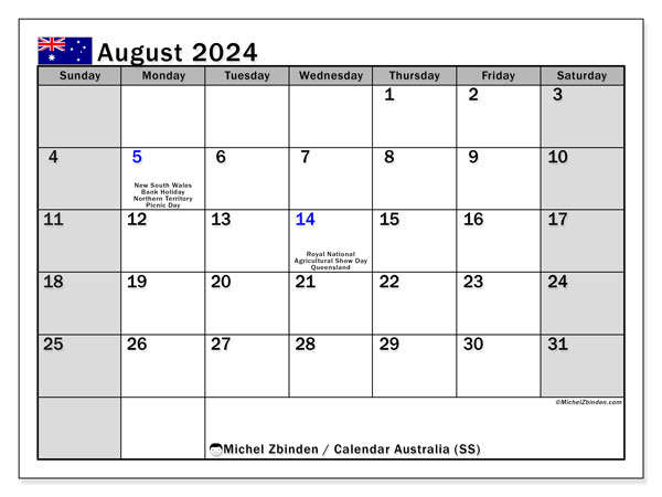 Kalender augustus 2024 “Australië”. Gratis printbaar schema.. Zondag tot zaterdag