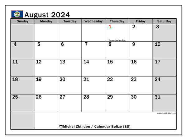 Belize (MS), calendar August 2024, to print, free of charge.