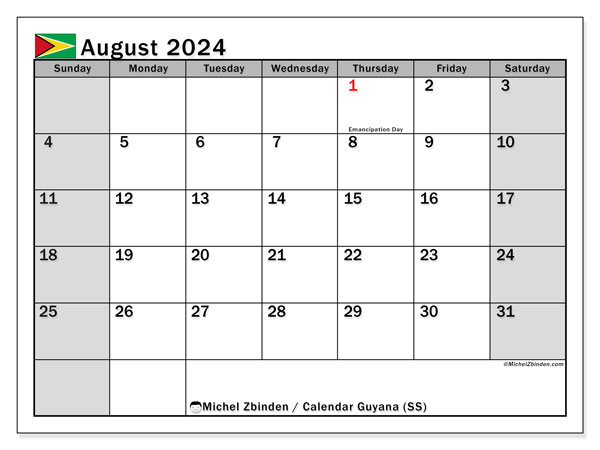 Kalendarz sierpień 2024 “Gujana”. Darmowy terminarz do druku.. Od niedzieli do soboty