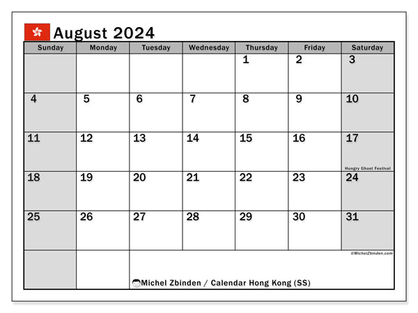 Kalender augustus 2024 “Hong Kong”. Gratis afdrukbare kalender.. Zondag tot zaterdag