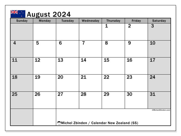 Kalender augustus 2024 “Nieuw-Zeeland”. Gratis printbaar schema.. Zondag tot zaterdag