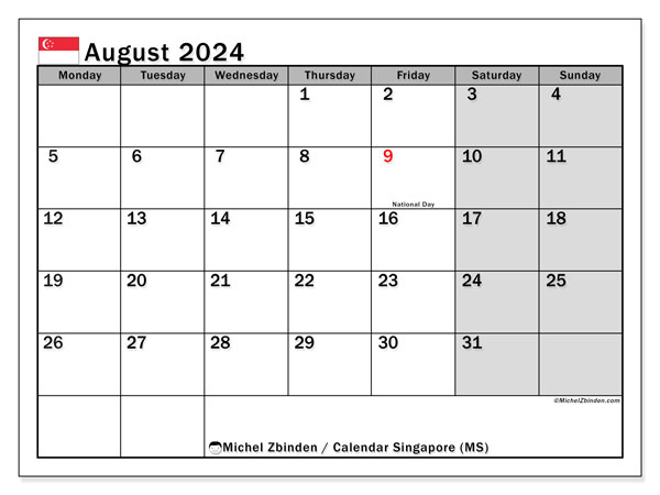 Kalender augustus 2024 “Singapore”. Gratis afdrukbare kalender.. Maandag tot zondag