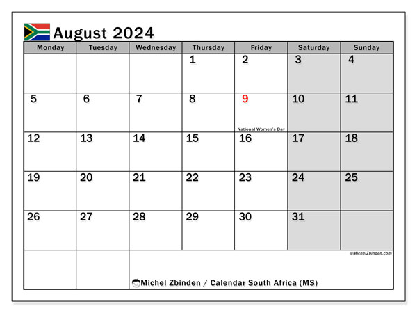 Kalendarz sierpień 2024 “Republika Południowej Afryki”. Darmowy kalendarz do druku.. Od poniedziałku do niedzieli