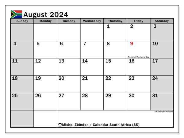 Kalendarz sierpień 2024 “Republika Południowej Afryki”. Darmowy kalendarz do druku.. Od niedzieli do soboty