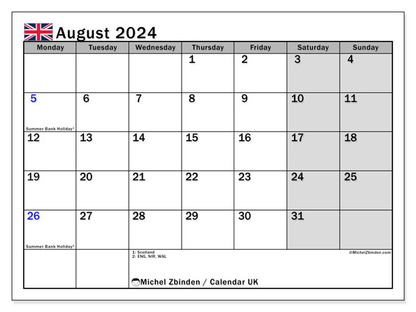 Printable calendar, August 2024, United Kingdom