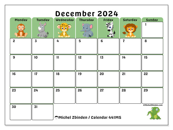 Calendar December 2024, 441SS. Free printable plan.