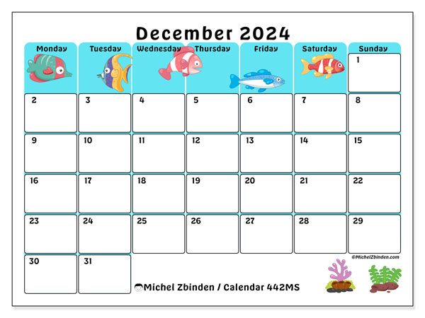 Calendar December 2024, 442SS. Free printable plan.