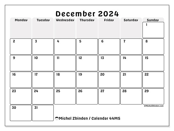 Calendar December 2024, 44SS. Free printable schedule.