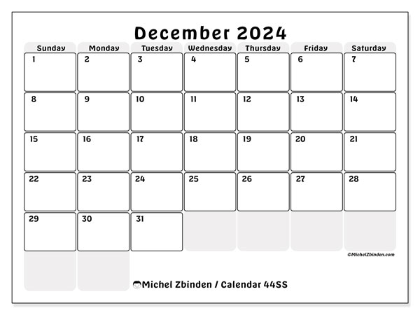 Calendar December 2024, 44SS. Free printable plan.