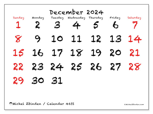 Calendar December 2024, 46SS. Free printable plan.