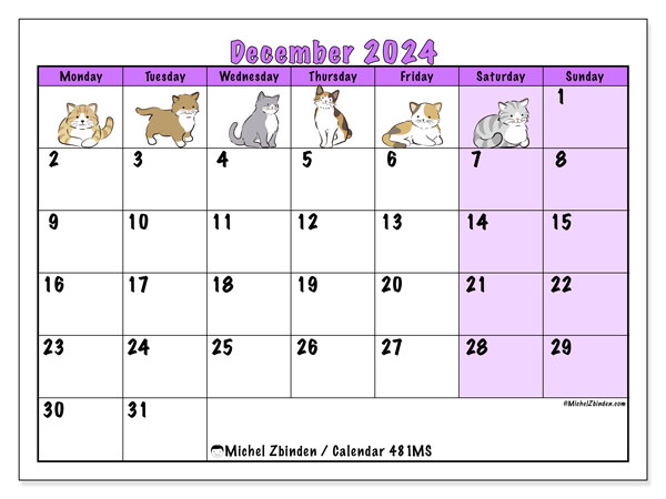 Printable calendar, December 2024, 481MS