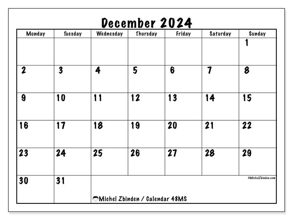 Calendar December 2024, 48SS. Free printable program.