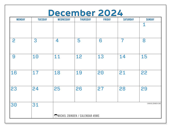 Printable calendar, December 2024, 49MS