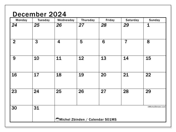 Calendar December 2024 “501”. Free printable plan.. Monday to Sunday