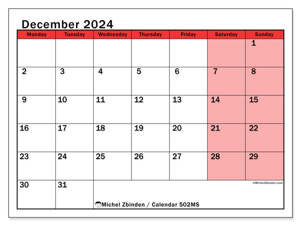 Printable calendar, December 2024, 502MS