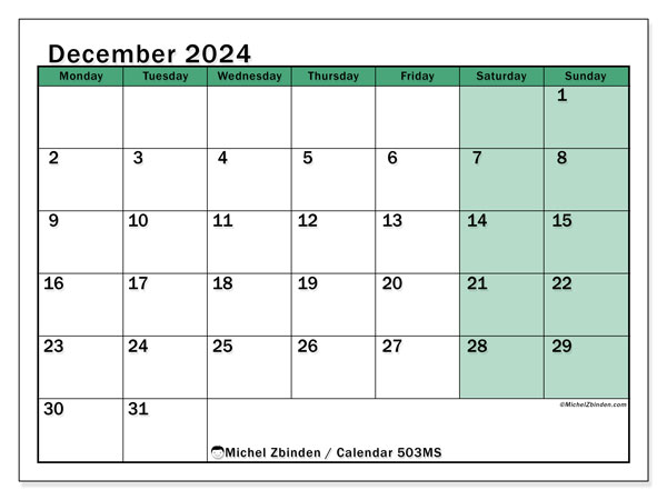 Printable calendar, December 2024, 503MS