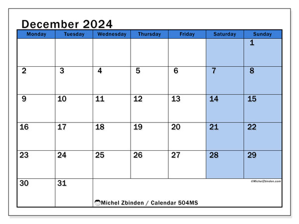 Printable calendar, December 2024, 504MS