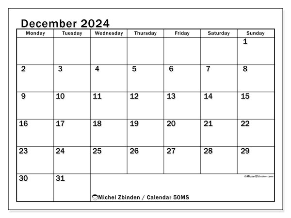 Printable calendar, December 2024, 50MS