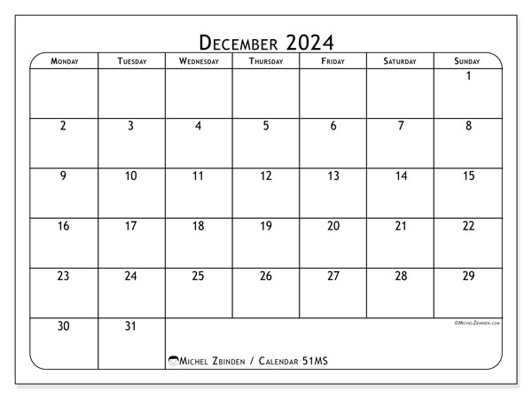 Printable calendar, December 2024, 51MS