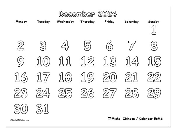 Calendar December 2024, 56SS. Free printable schedule.