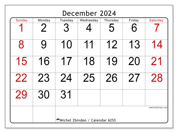 Printable calendar, December 2024, 62SS