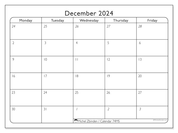 Calendar December 2024, 74SS. Free printable program.