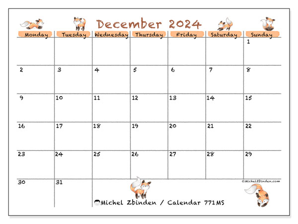 Printable calendar, December 2024, 771MS